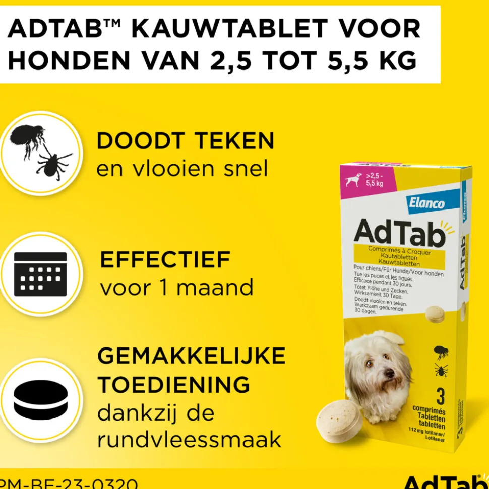 AdTab Anti Vlo en Teek Kauwtabletten Hond >2,5-5,5 kg 3 tabletten