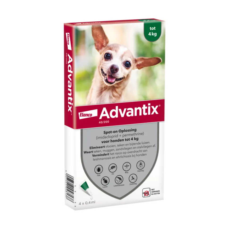 Advantix Spot On 40 Anti Vlooien en Teken Druppels Hond tot 4 kg 4 pipetten