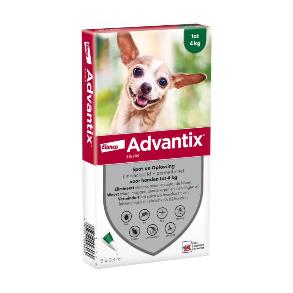 Advantix Spot On 40 Anti Vlooien en Teken Druppels Hond tot 4 kg 6 pipetten
