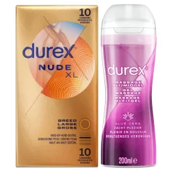 Durex - Nude XL Condooms 10 stuks & Play Massage Gel 2 in 1 Aloë Vera 200 ml - Pakket