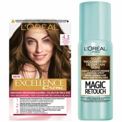 L'Oréal Excellence Creme Midden Goudbruin + Uitgroeispray Pakket