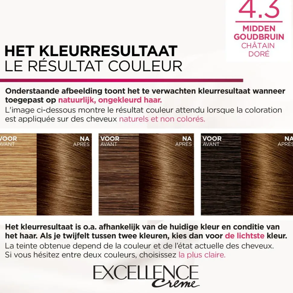 L'Oréal Excellence Crème Permanente Crèmekleuring 4.3 Midden Goudbruin