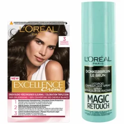 L'Oréal Excellence Crèmekleuring 3 Donkerbruin 1x & Magic Retouch Uitgroeispray Bruin 1x 75 ml Pakket