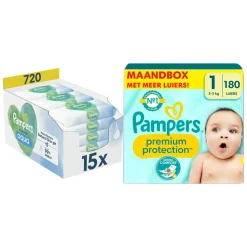Pampers Premium Protection Luiers Maat 1 en Harmonie Aqua Billendoekjes 720 stuks Pakket