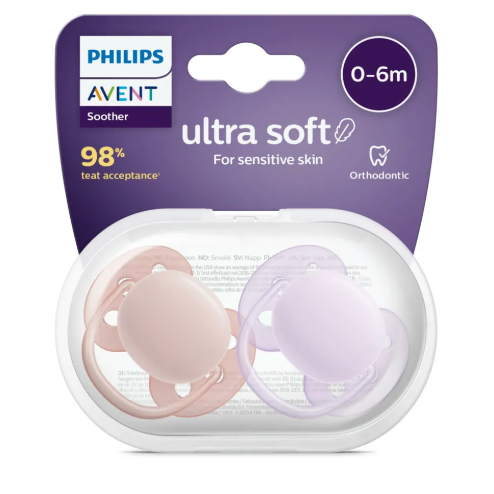 Philips Avent Fopspeen Ultra Soft 0-6 mnd Paars Roze 2 stuks