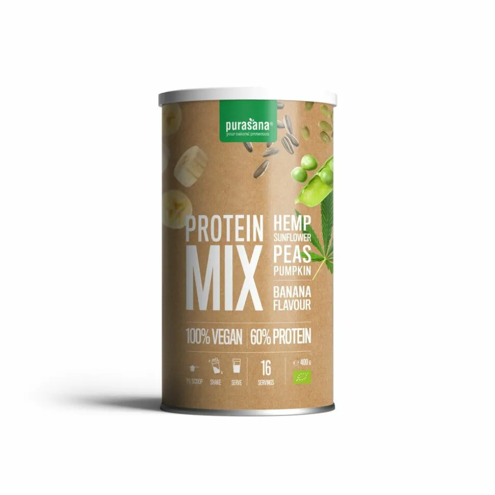 Purasana Vegan Erwt Hennep Zonnebloem Pompoen Proteine Mix Banaan BIO 400 gr