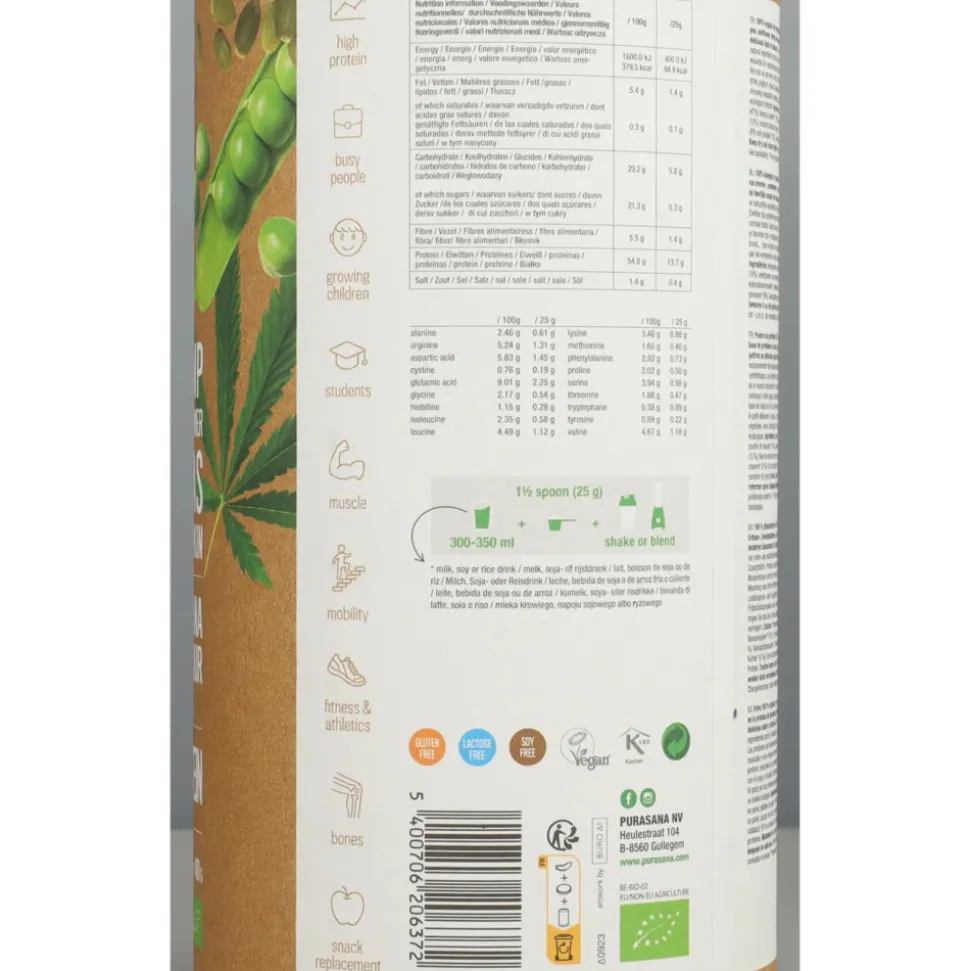 Purasana Vegan Erwt Hennep Zonnebloem Pompoen Proteine Mix Banaan BIO 400 gr