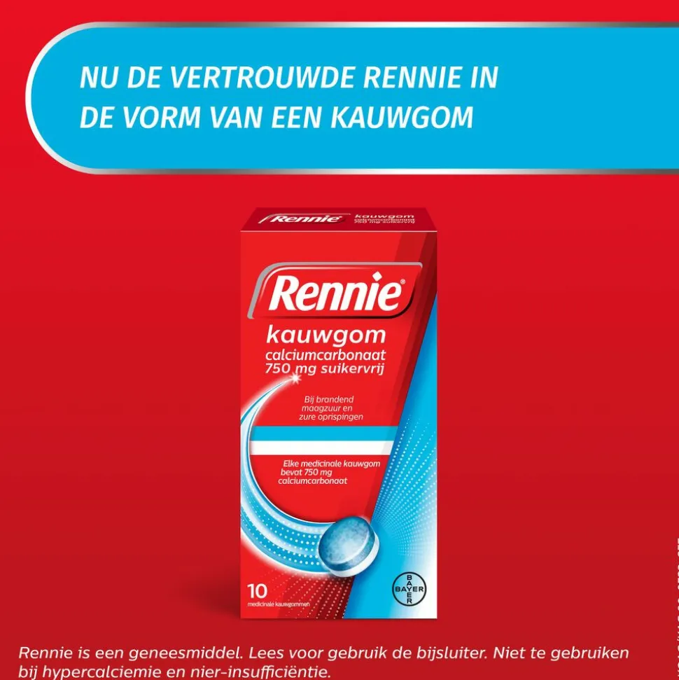 Rennie Kauwgom Calciumcarbonaat 750mg Suikervrij 10 stuks
