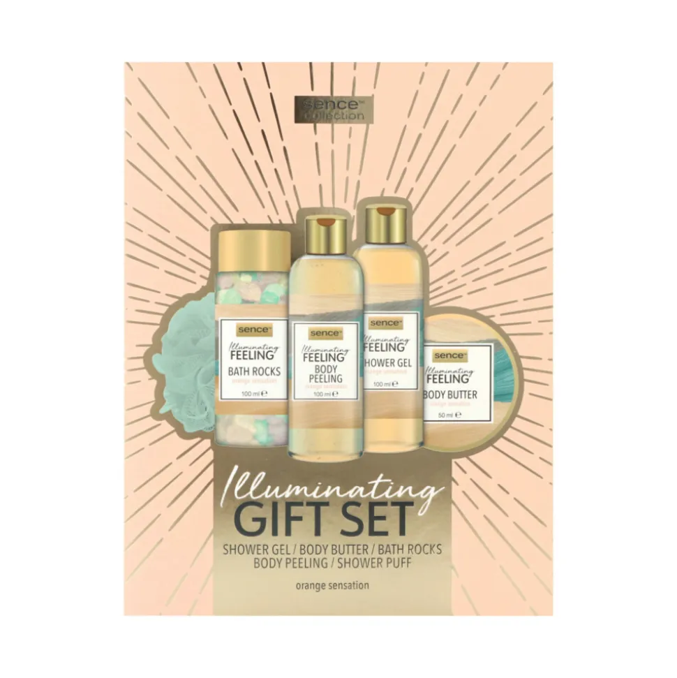 Sence Collection geschenkset Wellness Book Radiance Boost Douchegel 100 ml + Peeling 100 ml + Body Butter 50 ml + Bad stenen 100 g + spons 1 set