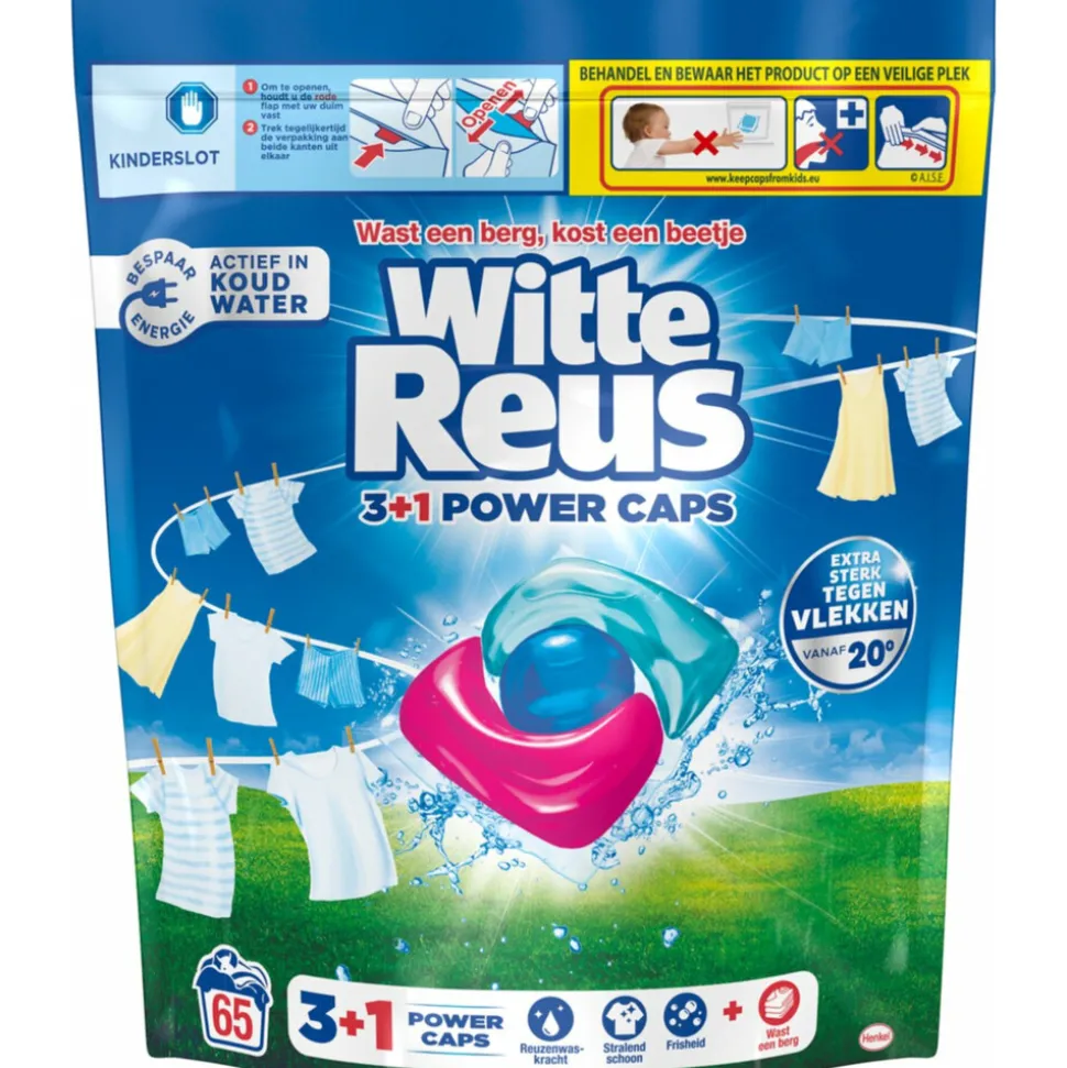 Witte Reus Wasmiddelcapsules 3+1 Power Caps Wit en lichtgekleurd 65 beurten