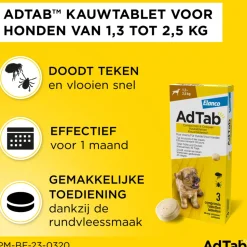 2x AdTab Anti Vlo en Teek Kauwtabletten Hond 1,3-2,5 kg 3 tabletten