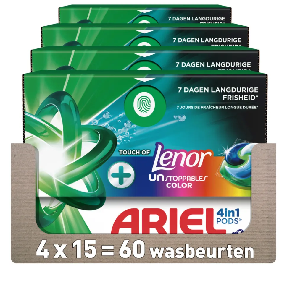 4x Ariel 4in1 Wasmiddel Pods Color Lenor Unstoppables 15 stuks