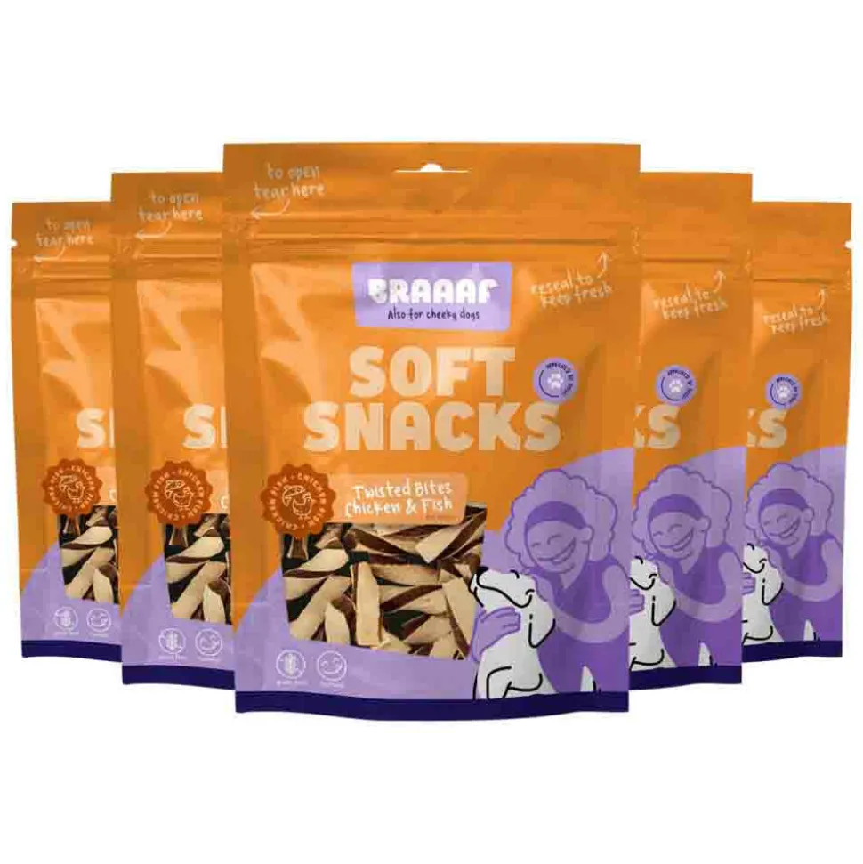5x Braaaf Twisted Bites Hondensnack Kip - Vis 85 gr