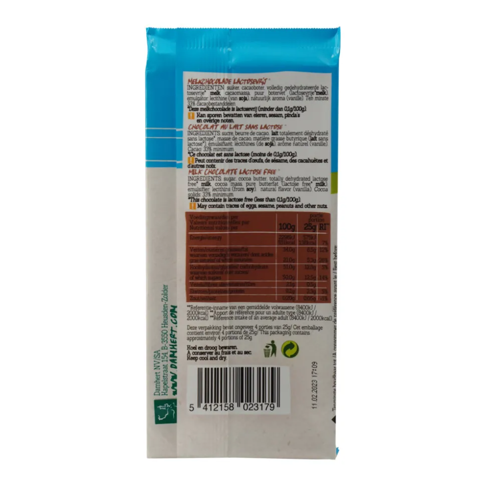 3x Damhert Chocoladereep Melk Glutenvrij en Lactosevrij 100 gr