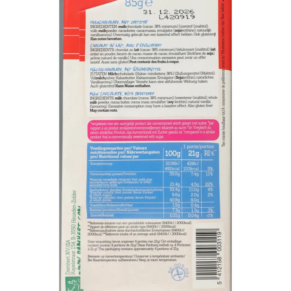 3x Damhert Chocoladetablet Melk Minder Suikers 85 gr