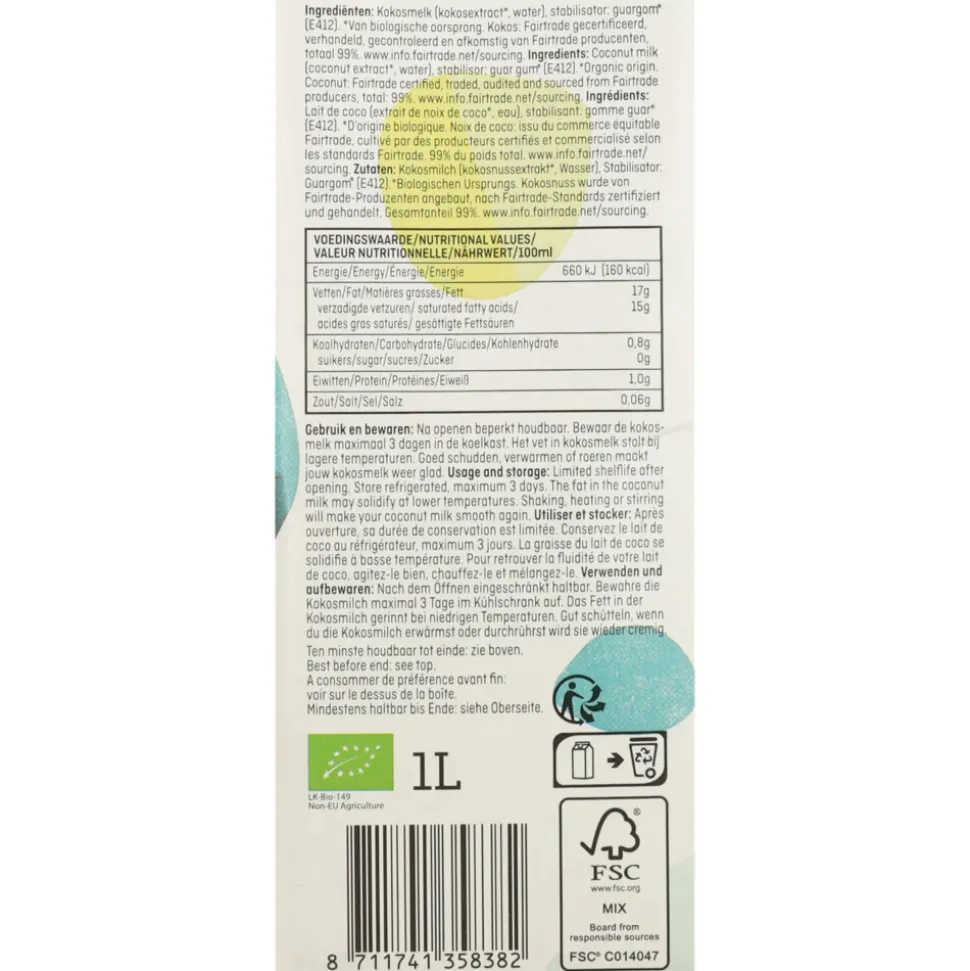 3x Fairtrade Original Kokosmelk Biologisch 1 liter