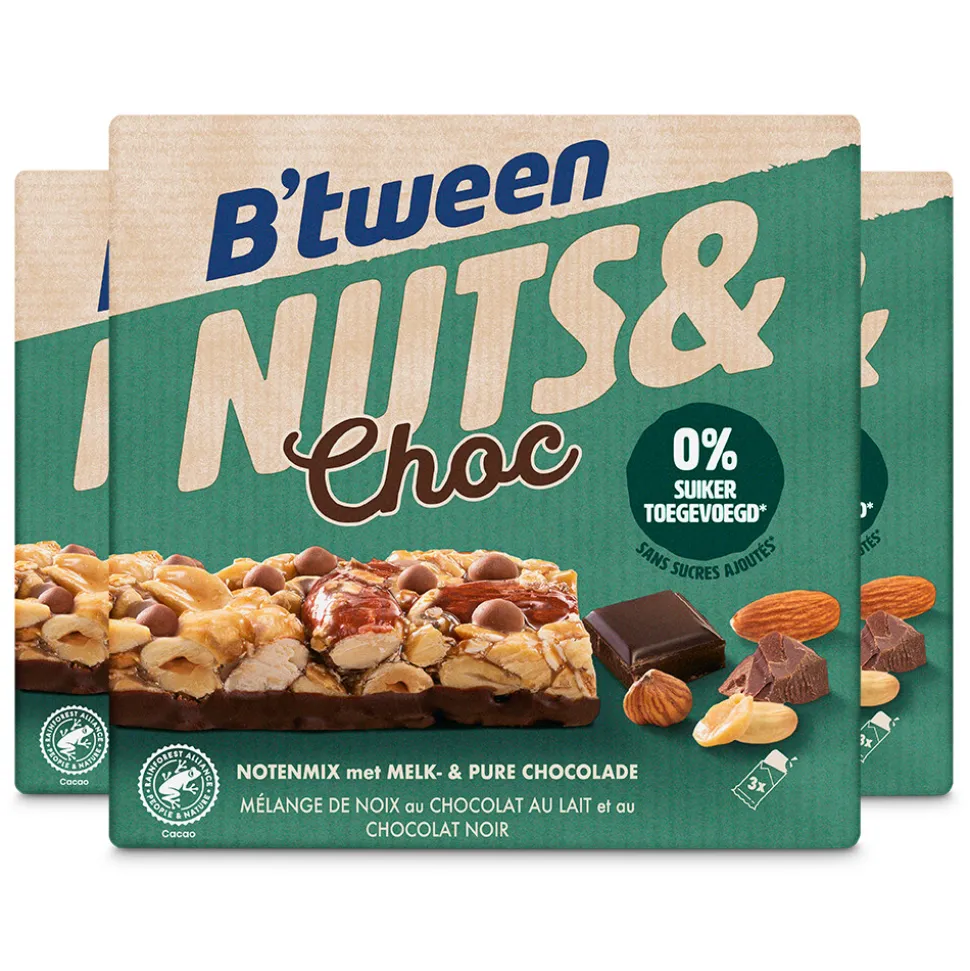 3x Hero B'tween Nuts & Choc Notenmix Chocolade Melk Puur 3 x 32 gr