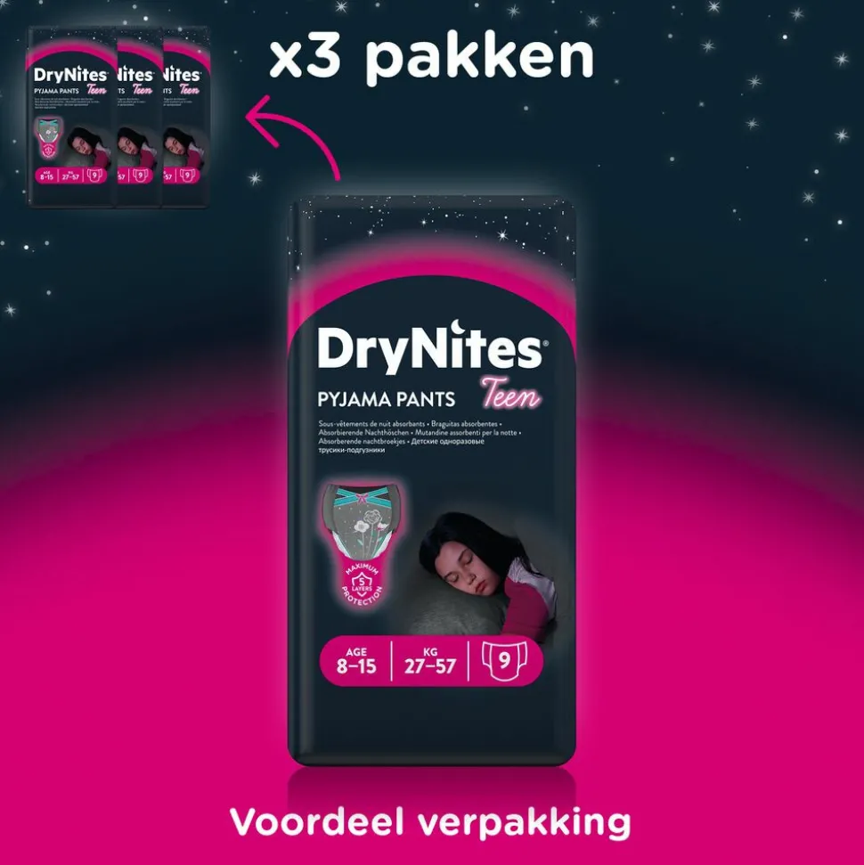 3x Huggies DryNites Absorberende Luierbroekjes Meisjes 8-13 jaar 9 stuks