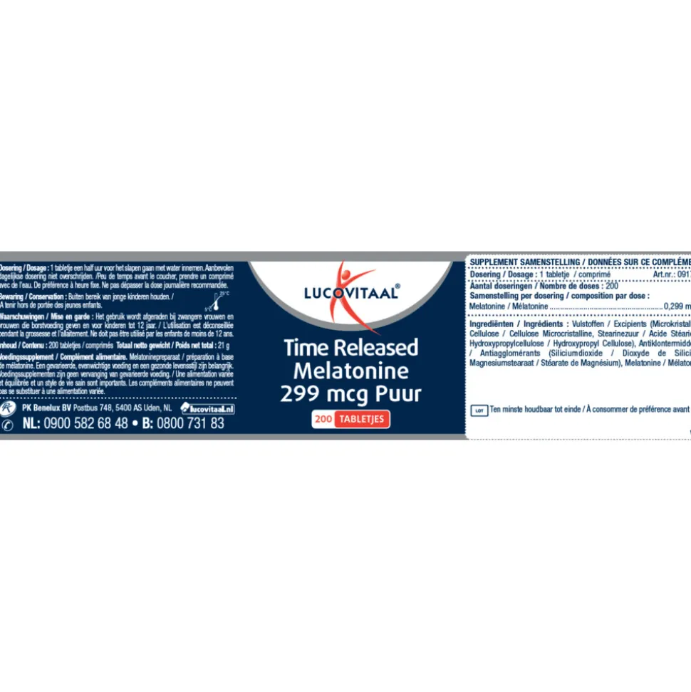 2x Lucovitaal Melatonine Puur 0,299mg Time Released 200 tabletten
