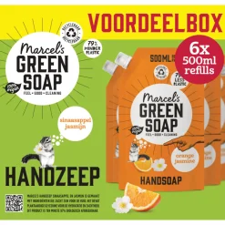 6x Marcel's Green Soap Handzeep Sinaasappel & Jasmijn Navul Stazak 500 ml
