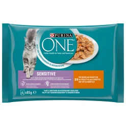 12x Purina ONE Sensitive Adult Maaltijdzakjes Kattenvoer Nat Kip & Wortel 4 x 85 gr
