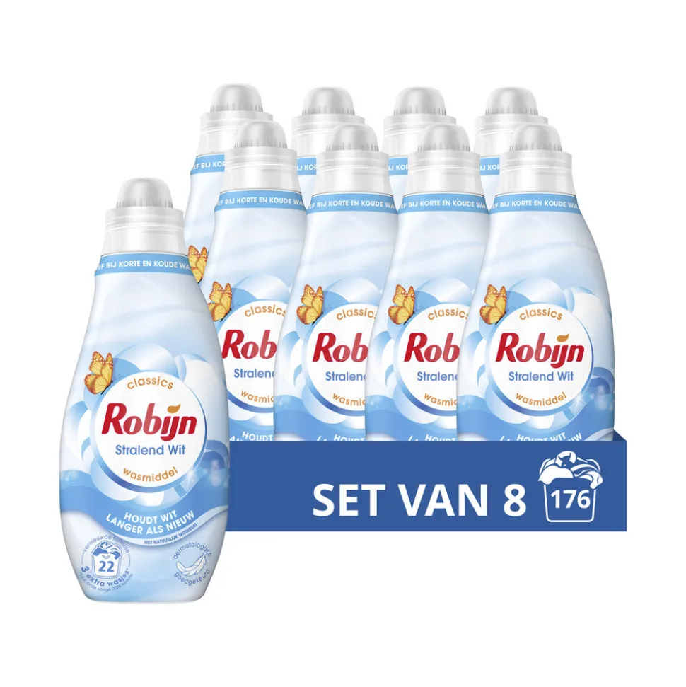 8x Robijn Klein & Krachtig Wasmiddel Stralend Wit 22 Wasbeurten 665 ml