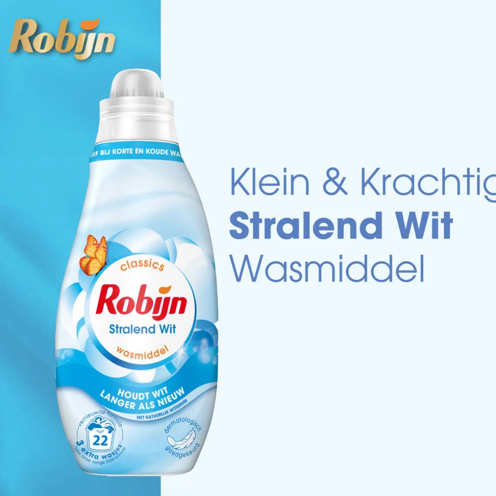 8x Robijn Klein & Krachtig Wasmiddel Stralend Wit 22 Wasbeurten 665 ml