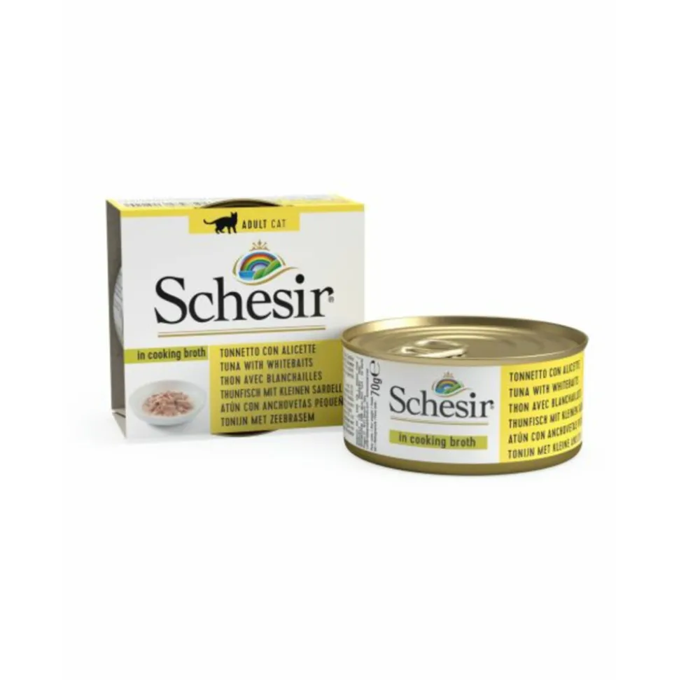 12x Schesir Kattenvoer Tonijn en Witvis in Boullion 70 gr