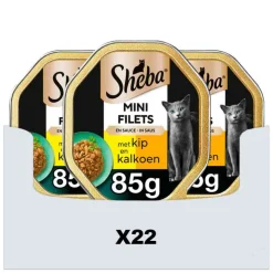 22x Sheba Mini Filets Adult Kattenvoer Natvoer Kip en Kalkoen in Saus Kuipjes 85 gr
