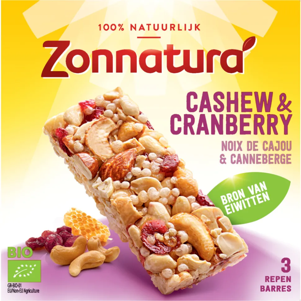 3x Zonnatura Notenreep Cashew Cranberry Biologisch 75 gr